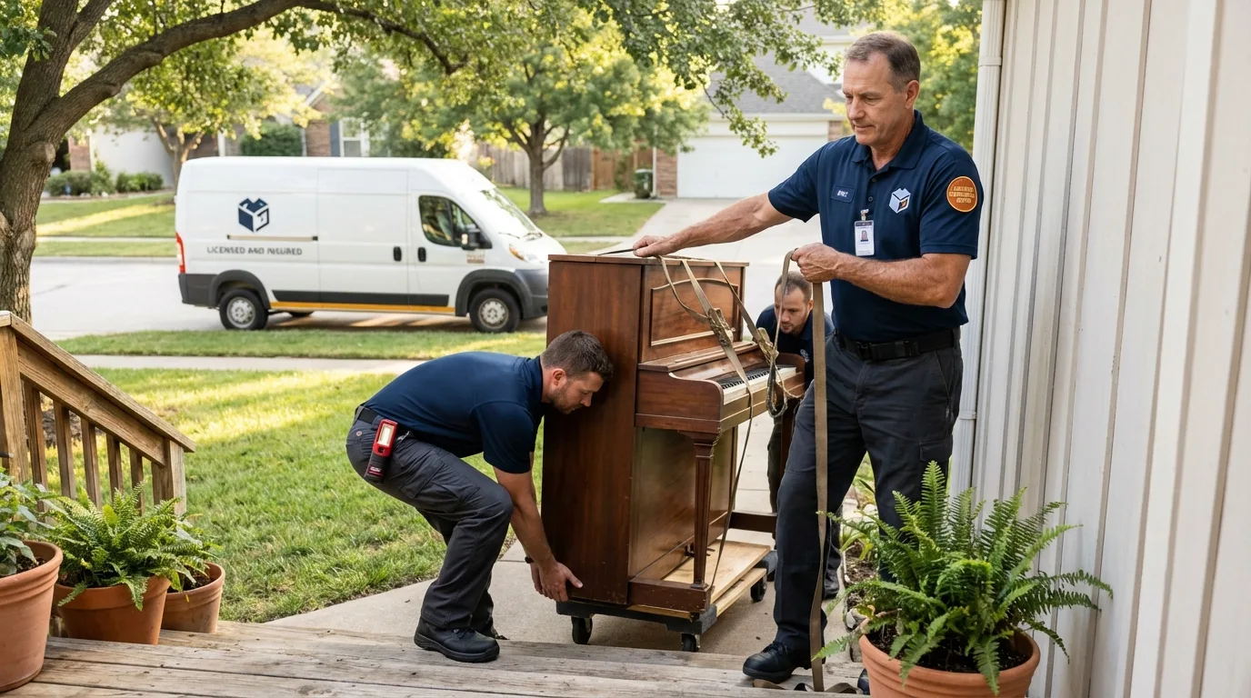 Licensed piano movers securing grand piano in Cold Spring, NY